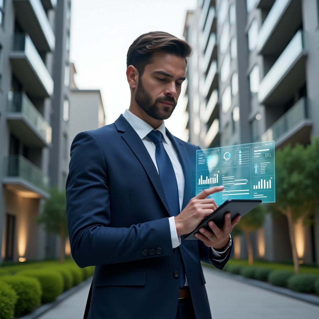 (Ultra-realistic property manager in a navy blue tailored suit, set in a modern luxury condominium environment with high-rise buildings and manicured green landscaping, medium shot of them holding a tablet displaying interactive digital dashboards and pointing at a holographic interface with charts and checklists, confident and thoughtful expression, cinematic lighting, shallow depth of field, highly detailed textures, realistic skin, photographic realism, 8k resolution --ar 1:1 --v 6)