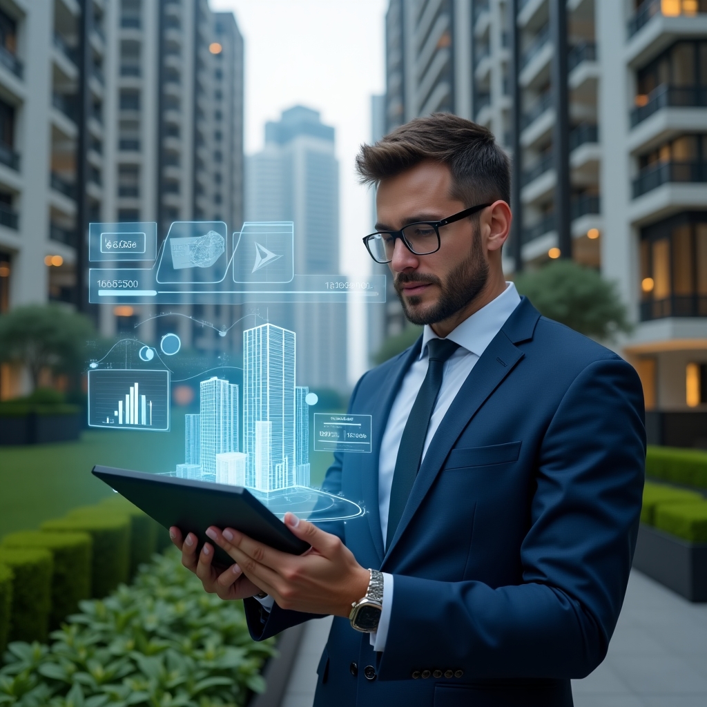 Ultra-realistic condominium property manager in a navy blue suit, set in a modern luxury condominium environment with high-rise buildings and lush green landscaping, examining a holographic interface displaying cost and resource optimization data, with floating digital charts and building schematics, confident and focused expression, cinematic lighting, shallow depth of field, highly detailed textures, realistic skin, photographic realism, 8k resolution --ar 1:1 --v 6