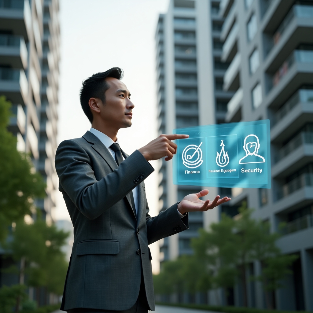 (Ultra-realistic condominium manager in a tailored charcoal grey suit, set in a modern luxury condominium environment with high-rise buildings and lush green landscaping, interacting with three floating holographic pillars representing finance, resident engagement, and security, pointing confidently at the symbols, cinematic lighting, shallow depth of field, highly detailed textures, realistic skin, photographic realism, 8k resolution --ar 1:1 --v 6)