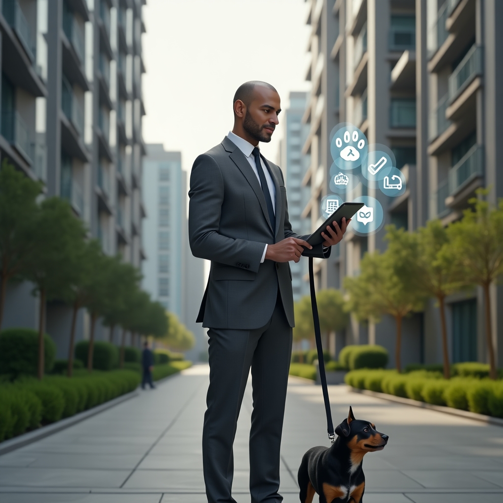 (Ultra-realistic condominium manager in a charcoal grey suit, set in a modern luxury condominium environment with high-rise buildings and lush green landscaping, holding a tablet projecting a holographic checklist with paw print and shield icons, gently interacting with a small dog on a leash, confident and welcoming expression, cinematic lighting, shallow depth of field, highly detailed textures, realistic skin, photographic realism, 8k resolution --ar 1:1 --v 6)
