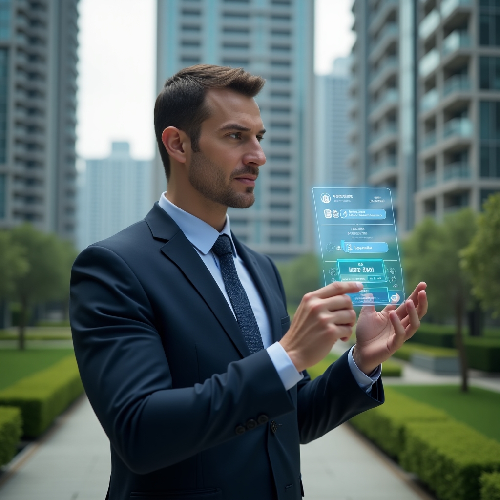 (Ultra-realistic condominium manager in a tailored navy blue suit, set in a modern luxury condominium environment with high-rise buildings and meticulously landscaped green areas, interacting with a holographic smart interface displaying task lists, message notifications, and calendar icons to symbolize centralized management and streamlined communication, confident expression, cinematic lighting, shallow depth of field, highly detailed textures, realistic skin, photographic realism, 8k resolution --ar 1:1 --v 6)