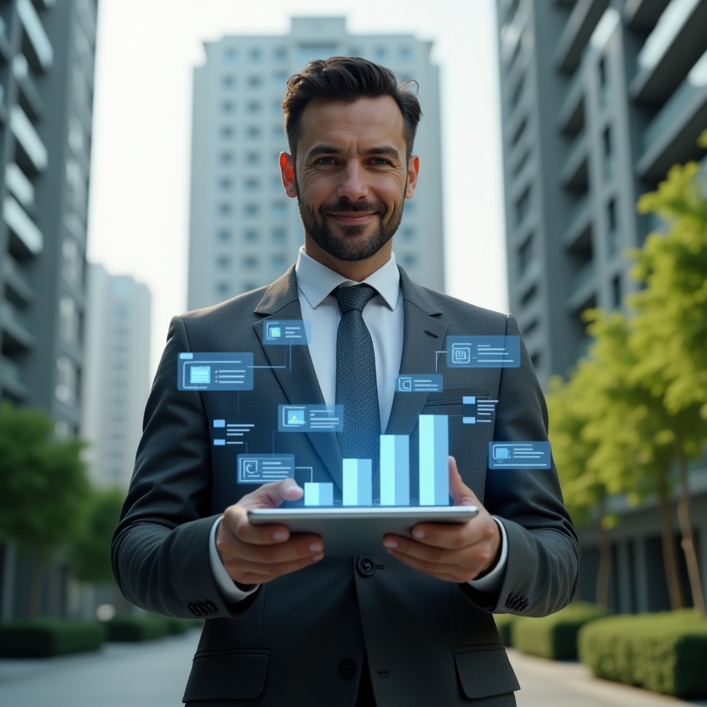 Ultra-realistic condominium manager in a charcoal gray tailored suit, set in a modern luxury condominium environment with high-rise buildings and lush green landscaping, mid shot of a confident manager interacting with floating holographic dashboards on a transparent tablet—showing financial charts, document folders and chat notification icons replacing spreadsheets—cinematic lighting, shallow depth of field, highly detailed textures, realistic skin, photographic realism, 8k resolution --ar 1:1 --v 6