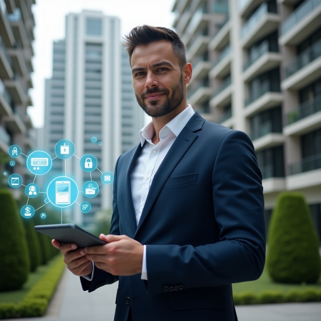 Ultra-realistic condo manager in a navy blue suit, set in a modern luxury condominium environment with high-rise buildings and manicured green landscaping, holding a tablet displaying a digital dashboard, surrounded by floating holographic icons for communication, security, and financial charts, confident expression, cinematic lighting, shallow depth of field, highly detailed textures, realistic skin, photographic realism, 8k resolution --ar 1:1 --v 6