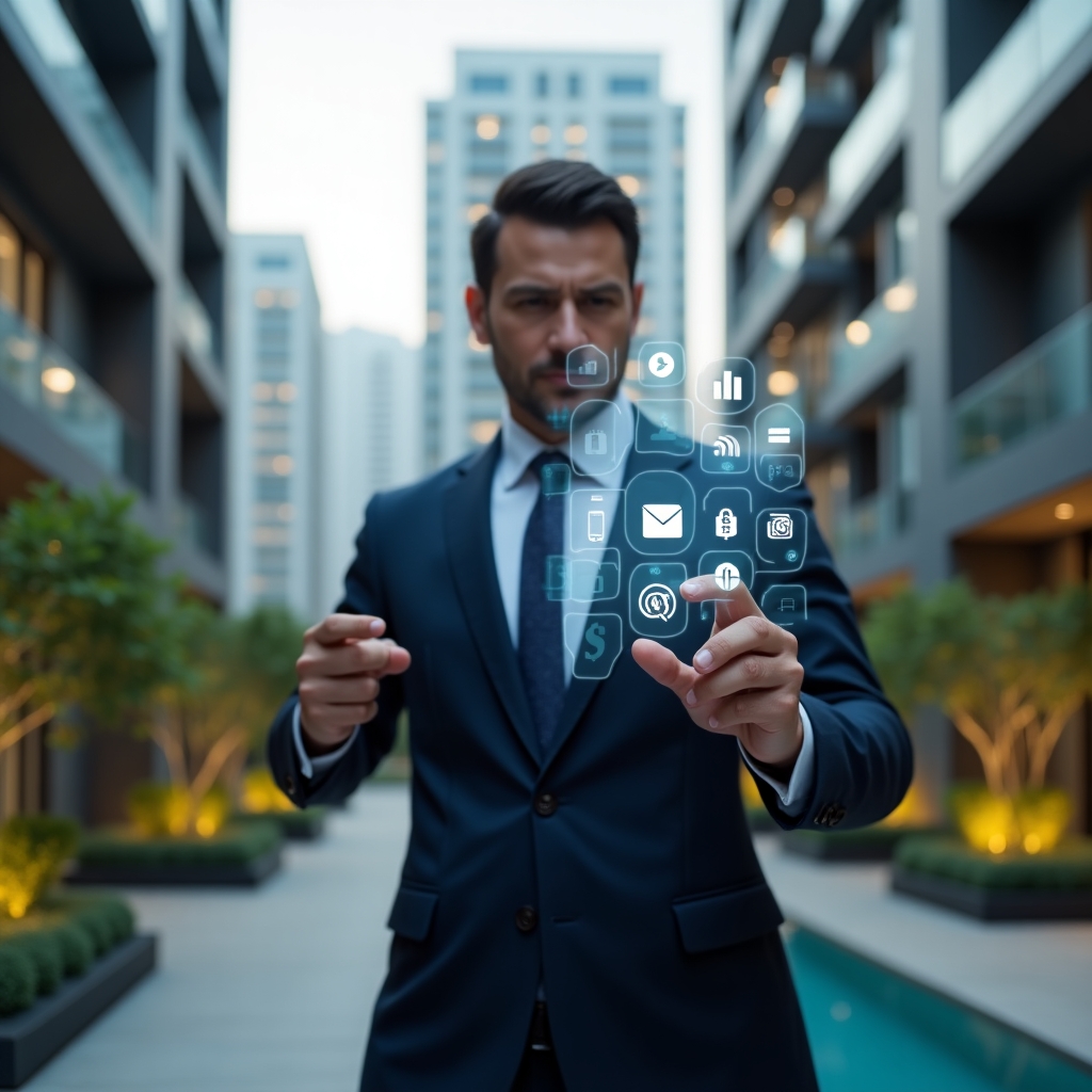 Ultra-realistic condominium property manager in a tailored navy blue suit, set in a modern luxury condominium courtyard with high-rise buildings and manicured greenery, confidently tapping a holographic app interface displaying communication, reservation and financial icons, cinematic lighting, shallow depth of field, highly detailed textures, realistic skin, photographic realism, 8k resolution --ar 1:1 --v 6