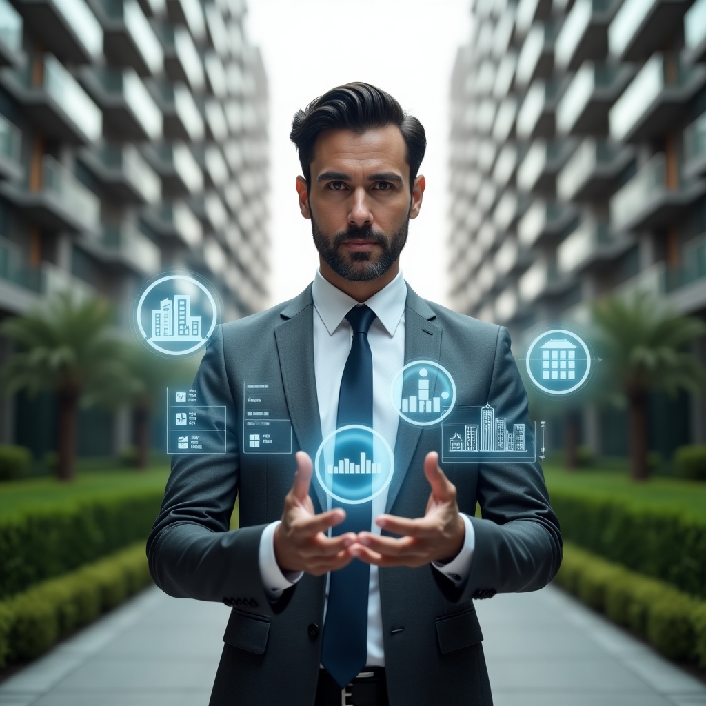 Ultra-realistic property manager in a charcoal gray suit, set in a modern luxury condominium environment with high-rise buildings and manicured green landscaping, interacting with a floating holographic interface displaying charts, building icons and notification badges representing a condominium management app, confident focused expression, cinematic lighting, shallow depth of field, highly detailed textures, realistic skin, photographic realism, 8k resolution --ar 1:1 --v 6
