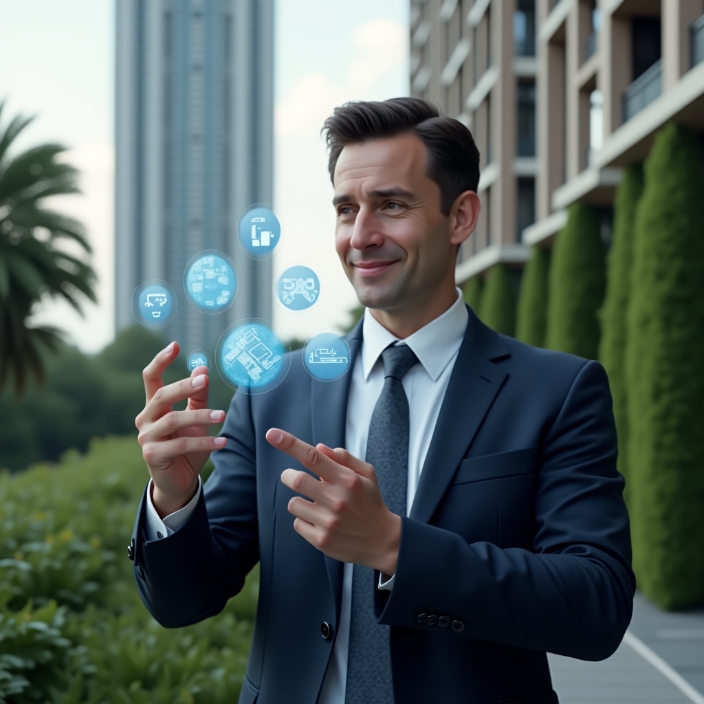 Ultra-realistic condominium manager in a sleek navy blue suit, set in a modern luxury condominium environment with high-rise buildings and lush green landscaping, mid shot interacting with a holographic condominium management app interface showing floating icons for communication, scheduling, and finance, confident and focused expression, cinematic lighting, shallow depth of field, highly detailed textures, realistic skin, photographic realism, 8k resolution --ar 1:1 --v 6