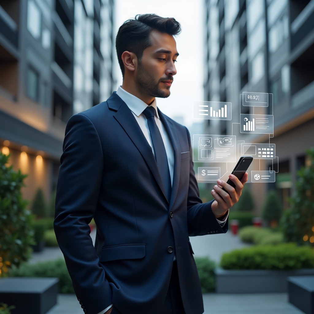 (Ultra-realistic condominium manager in a tailored navy blue suit, set in a modern luxury condominium environment with high-rise buildings and green landscaping, holding a smartphone displaying a holographic interface with financial graphs, chat bubbles, and scheduling icons, confident and focused expression, holographic icons of financial charts and communication symbols floating beside, cinematic lighting, shallow depth of field, highly detailed textures, realistic skin, photographic realism, 8k resolution --ar 1:1 --v 6)