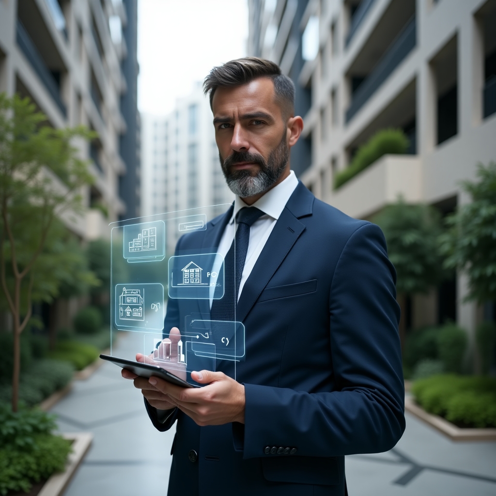 Ultra-realistic condominium manager in a tailored navy blue business suit, set in a modern luxury condominium environment with high-rise buildings and lush green landscaping, standing in a courtyard while interacting with a floating holographic condo management app interface on a transparent tablet, confident and focused expression, thematic holograms of chat bubbles and financial charts hovering around, cinematic lighting, shallow depth of field, highly detailed textures, realistic skin, photographic realism, 8k resolution --ar 1:1 --v 6