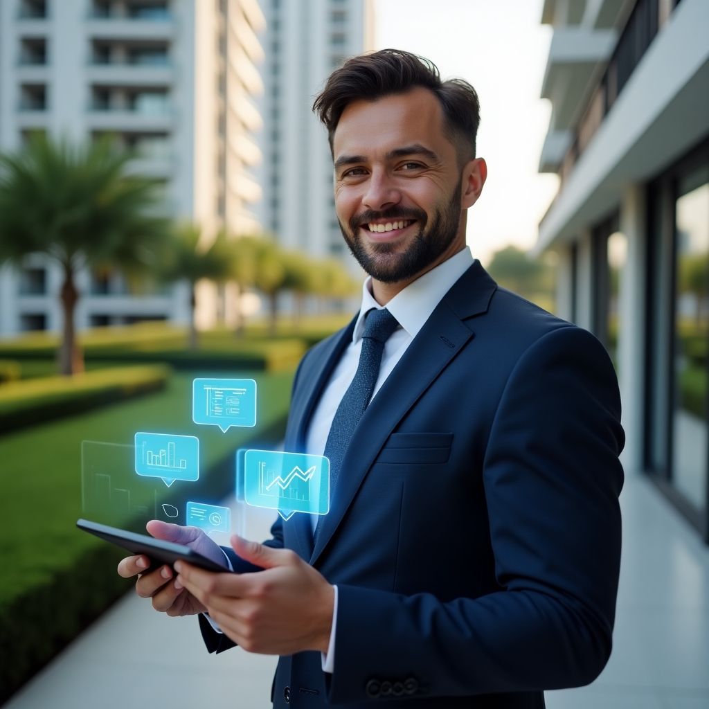 (Ultra-realistic condominium manager in a tailored navy suit, set in a modern luxury condominium environment with high-rise buildings and manicured greenery, holding a tablet displaying a holographic interface of a management app, confident smile, floating chat bubbles and financial graphs as holograms around the device, cinematic lighting, shallow depth of field, highly detailed textures, realistic skin, photographic realism, 8k resolution --ar 1:1 --v 6)