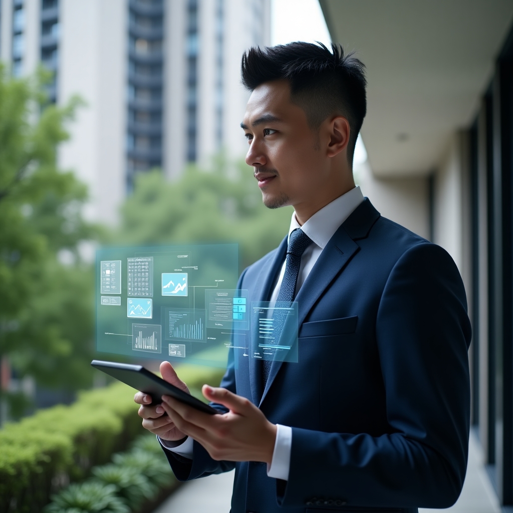 (Ultra-realistic condominium manager in a dark blue tailored suit, set in a modern luxury condominium environment with high-rise buildings and lush green landscaping, holding a tablet and confidently gesturing toward a floating holographic interface displaying reservation calendars, financial charts and chat icons, cinematic lighting, shallow depth of field, highly detailed textures, realistic skin, photographic realism, 8k resolution --ar 1:1 --v 6)