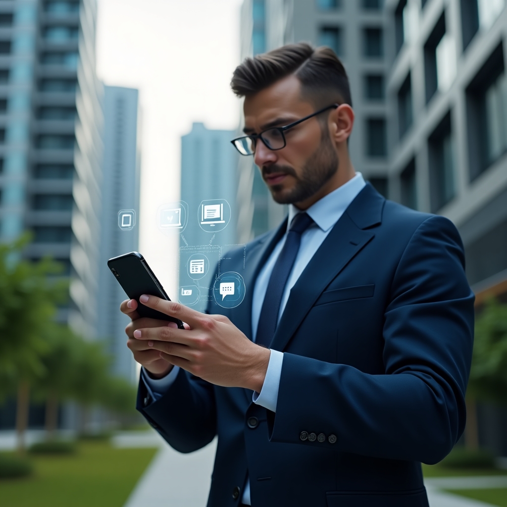 (Ultra-realistic condominium manager in a dark blue tailored suit, set in a modern luxury condominium environment with high-rise buildings and lush green landscaping, holding a smartphone displaying a holographic condo management app interface with floating icons for billing, reservations and communication, confidently tapping the screen, cinematic lighting, shallow depth of field, highly detailed textures, realistic skin, photographic realism, 8k resolution --ar 1:1 --v 6)