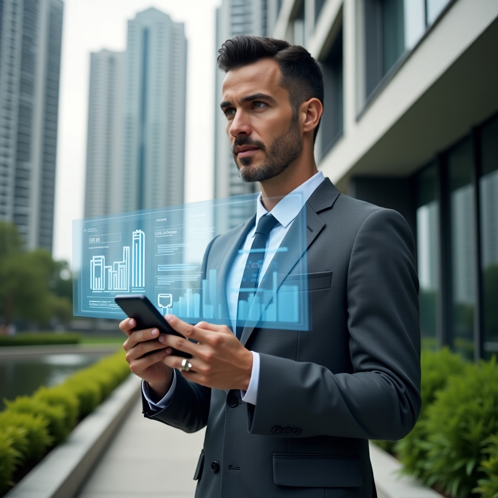 (Ultra-realistic condominium manager in a charcoal gray executive suit, set in a modern luxury condominium environment with high-rise buildings and manicured green landscaping, interacting with a floating holographic dashboard of a condo management app showing charts, building icons and chat bubbles, confident and focused expression, cinematic lighting, shallow depth of field, highly detailed textures, realistic skin, photographic realism, 8k resolution --ar 1:1 --v 6)
