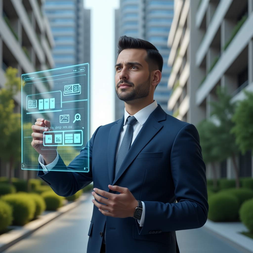 (Ultra-realistic condominium manager in a navy blue tailored suit, set in a modern luxury condominium environment with high-rise buildings and lush green landscaping, interacting with a floating holographic dashboard displaying chat bubbles, calendar reminders and financial charts symbolizing optimized communication and streamlined tasks, confident expression, cinematic lighting, shallow depth of field, highly detailed textures, realistic skin, photographic realism, 8k resolution --ar 1:1 --v 6)