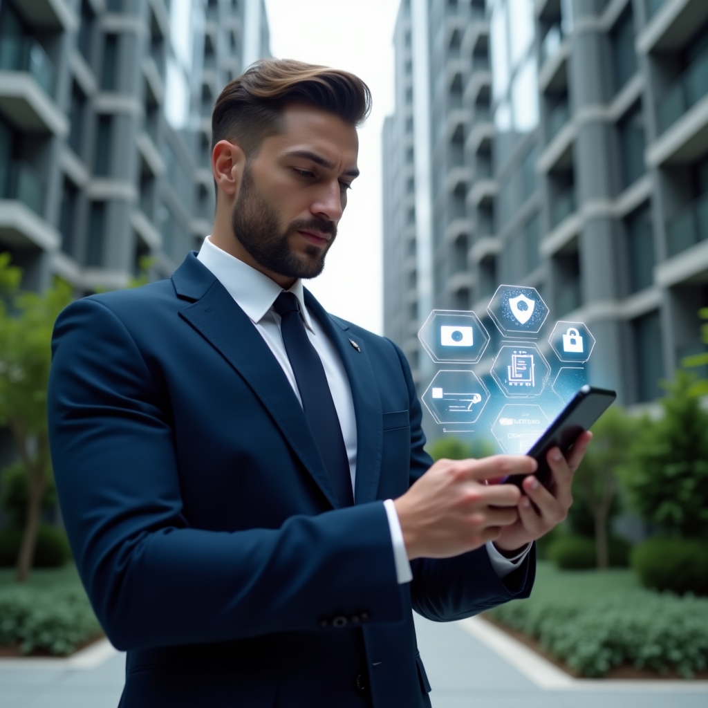 Ultra-realistic condominium manager in a sleek navy-blue suit, set in a modern luxury condominium environment with high-rise buildings and manicured green landscaping, medium-close-up shot of the manager looking confidently at a glowing smartphone screen, smartphone projecting holographic icons of tasks, chat bubbles and a security shield, cinematic lighting, shallow depth of field, highly detailed textures, realistic skin, photographic realism, 8k resolution --ar 1:1 --v 6