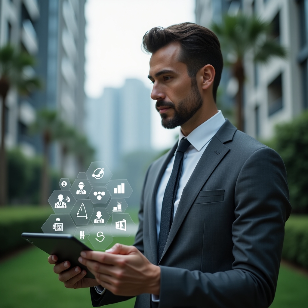 (Ultra-realistic condominium manager in a charcoal-gray tailored suit, set in a modern luxury condominium environment with high-rise buildings and meticulously manicured greenery, holding a tablet projecting holographic icons for tasks, communication and scheduling, confident and focused expression, cinematic lighting, shallow depth of field, highly detailed textures, realistic skin, photographic realism, 8k resolution --ar 1:1 --v 6)