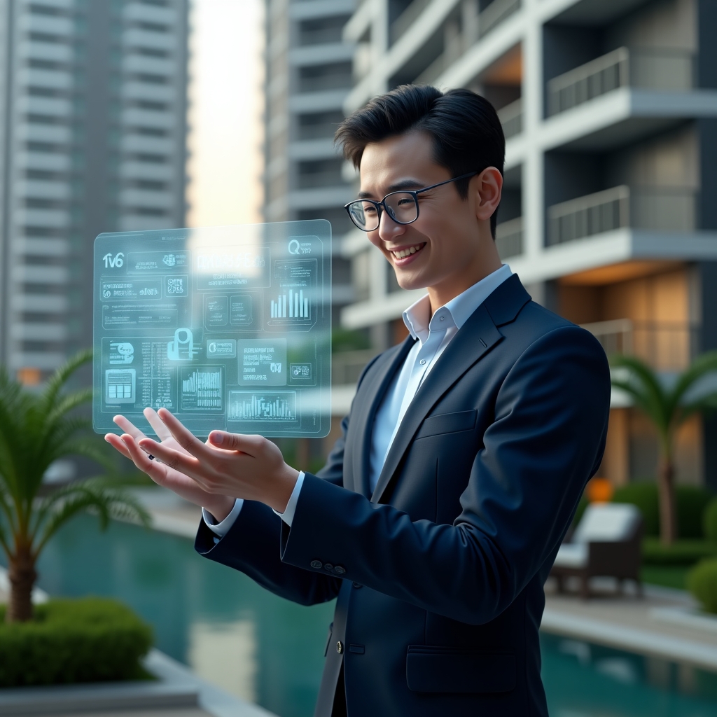 Ultra-realistic condominium manager in a navy suit, set in a modern luxury condominium environment with high-rise buildings and green landscaping, holding a transparent holographic interface displaying icons for reservations, chat messages, and financial charts, analyzing the interactive display with a confident smile, cinematic lighting, shallow depth of field, highly detailed textures, realistic skin, photographic realism, 8k resolution --ar 1:1 --v 6