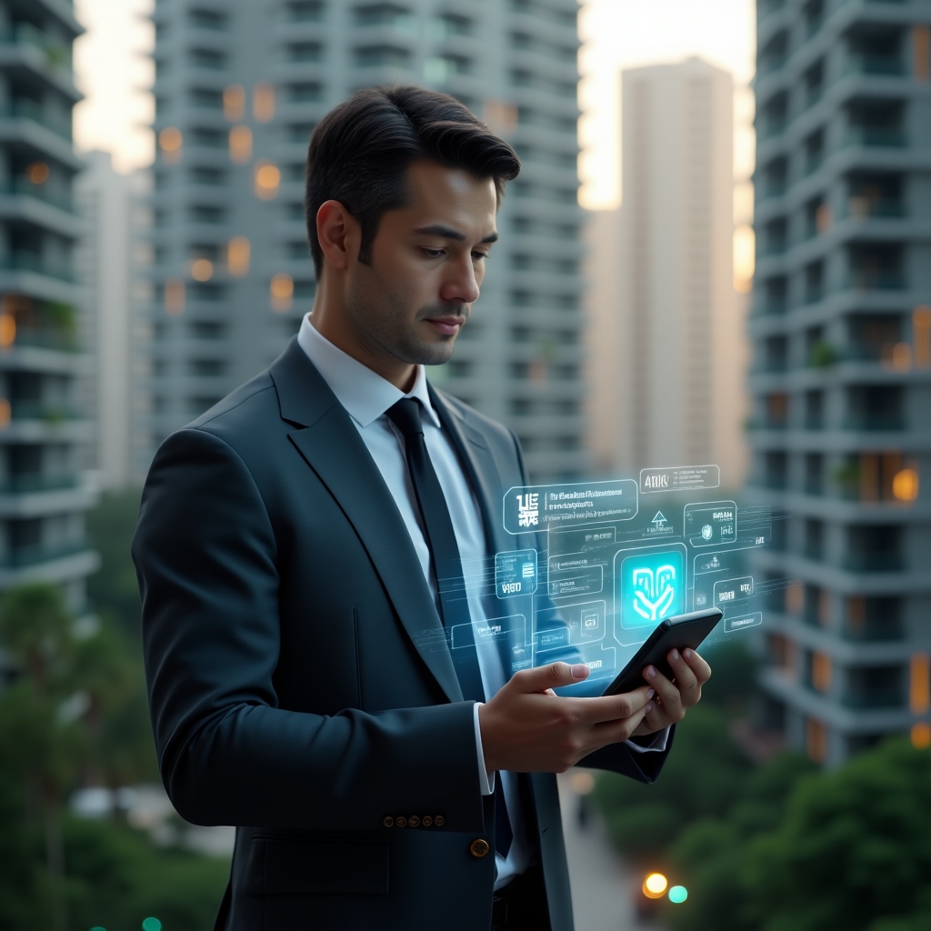 (Ultra-realistic condominium manager in a sleek charcoal suit, set in a modern luxury condominium environment with high-rise buildings and manicured greenery, interacting with a semi-transparent holographic smartphone interface showing alert notifications, predictive maintenance graphs and IoT sensor icons, confident and thoughtful expression, cinematic lighting, shallow depth of field, highly detailed textures, realistic skin, photographic realism, 8k resolution --ar 1:1 --v 6)