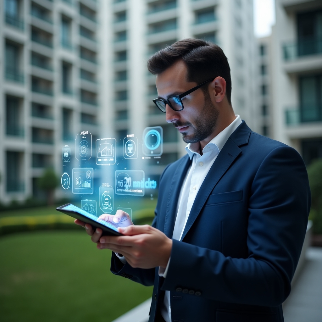Ultra-realistic medium shot of a condominium manager in a tailored navy blue suit, set in a modern luxury condominium environment with high-rise buildings and green landscaping, confidently analyzing a holographic interface projected from a tablet with floating app icons and comparison charts for communication, finance and security, cinematic lighting, shallow depth of field, highly detailed textures, realistic skin, photographic realism, 8k resolution --ar 1:1 --v 6