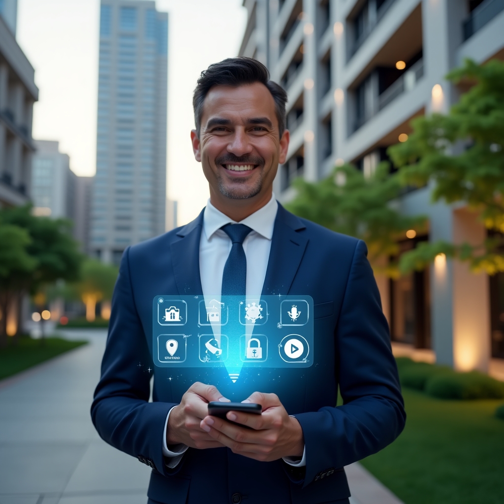Ultra-realistic condominium manager in a navy blue suit, set in a modern luxury condominium environment with high-rise buildings and lush green landscaping, medium close-up shot, holding a smartphone projecting a vibrant holographic interface displaying icons for amenity scheduling, instant messaging, security access, digital payments, and maintenance requests, confident and smiling expression, cinematic lighting, shallow depth of field, highly detailed textures, realistic skin, photographic realism, 8k resolution --ar 1:1 --v 6