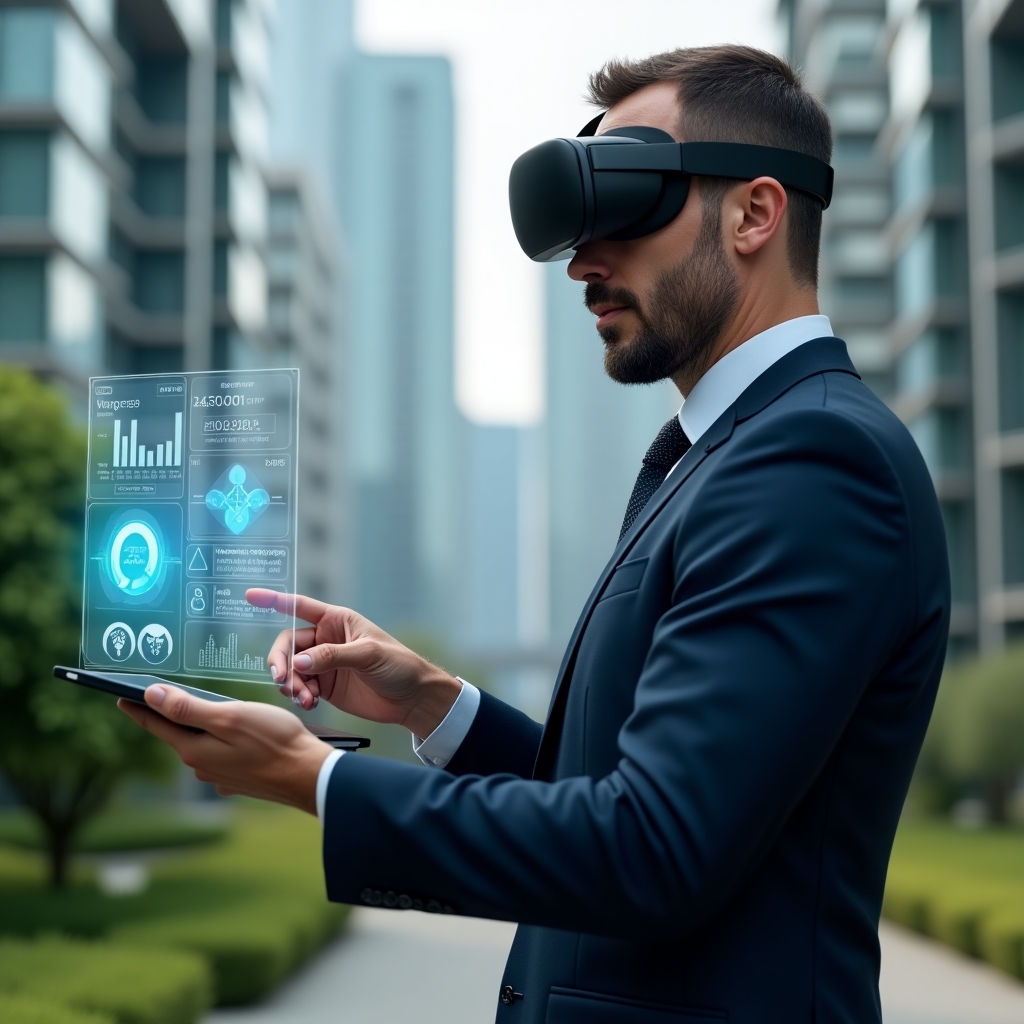 (Ultra-realistic condominium manager in a tailored navy-blue executive suit, set in a modern luxury condominium environment with high-rise glass buildings and lush green landscaping, medium shot of the manager holding a digital tablet displaying a holographic dashboard with financial charts, communication icons and maintenance alerts, confidently pointing at the floating interface, cinematic lighting, shallow depth of field, highly detailed textures, realistic skin, photographic realism, 8k resolution --ar 1:1 --v 6)