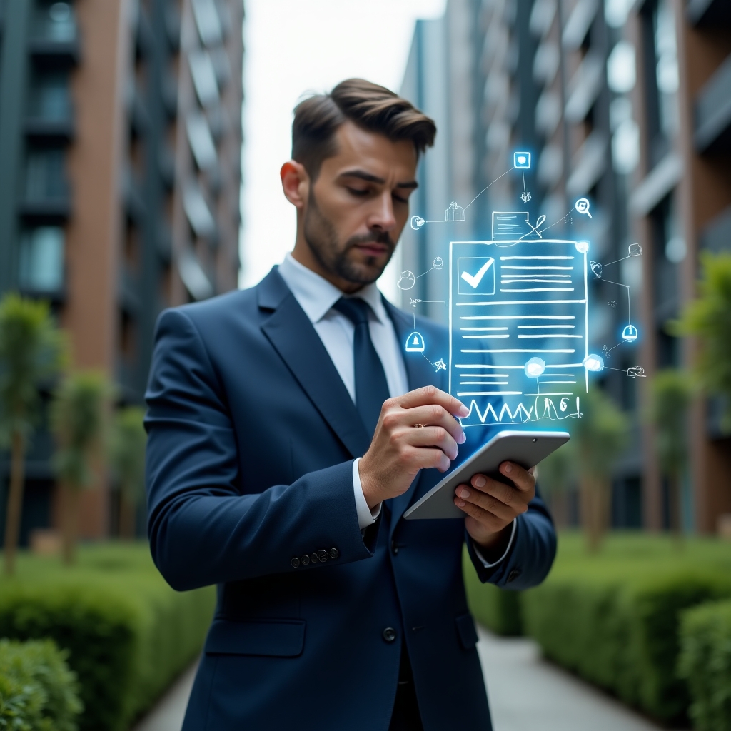 Ultra-realistic condominium manager in a tailored navy suit, set in a modern luxury condominium environment with high-rise buildings and lush green landscaping, mid shot focusing on the manager confidently reviewing and signing a digital meeting minutes hologram with floating checkmarks and document icons symbolizing legal validation, cinematic lighting, shallow depth of field, highly detailed textures, realistic skin, photographic realism, 8k resolution --ar 1:1 --v 6