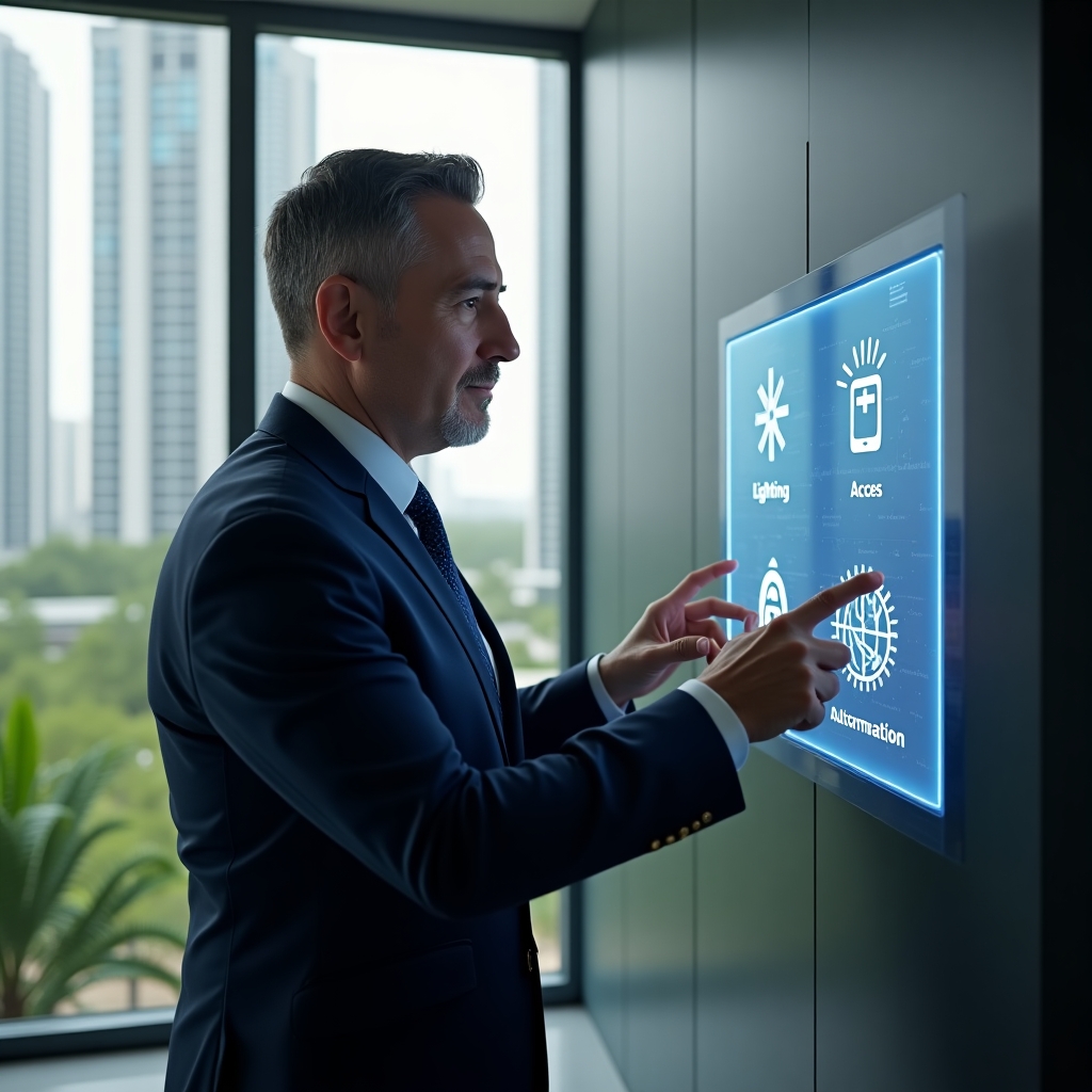 Ultra-realistic condominium facility manager in a navy suit, set in a modern luxury condominium environment with high-rise buildings and green landscaping, interacting with a holographic building automation control panel displaying lighting, access and climate icons, thoughtful and confident expression, cinematic lighting, shallow depth of field, highly detailed textures, realistic skin, photographic realism, 8k resolution --ar 1:1 --v 6