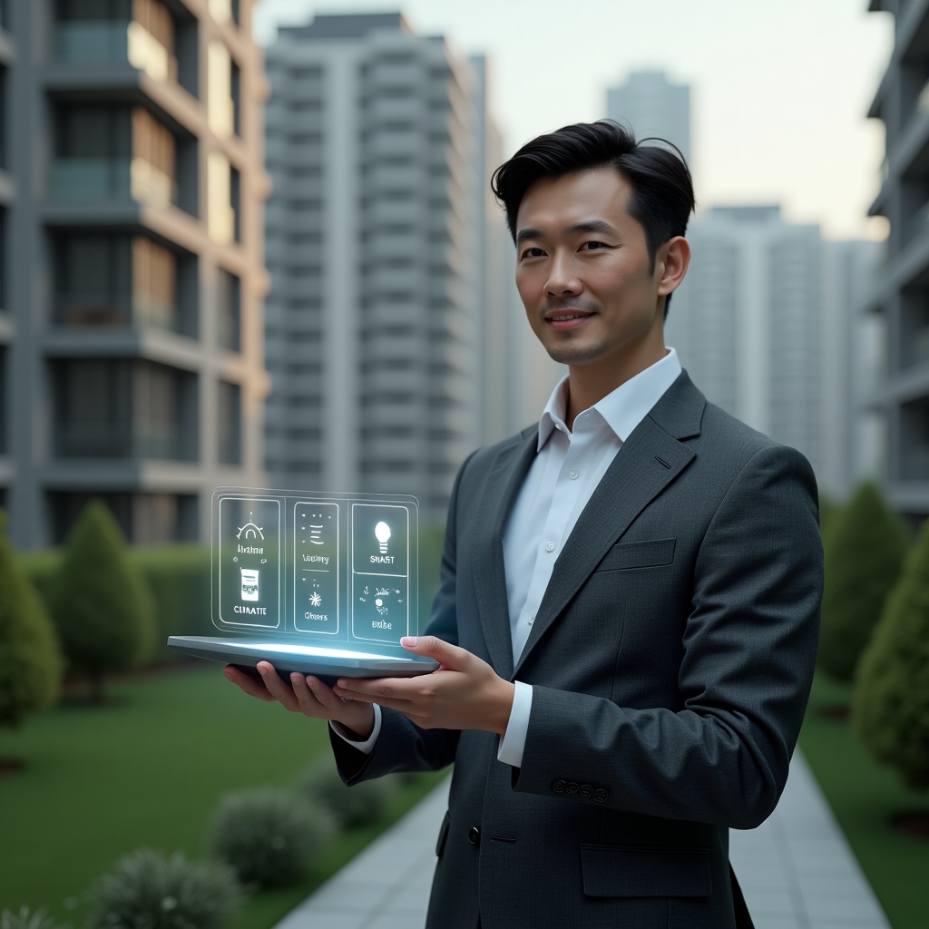 Ultra-realistic condominium manager in a charcoal gray tailored suit, set in a modern luxury condominium environment with high-rise buildings and meticulously manicured green landscaping, holding and interacting with a holographic panel displaying smart lighting and climate control icons, confident and analytical expression, cinematic lighting, shallow depth of field, highly detailed textures, realistic skin, photographic realism, 8k resolution --ar 1:1 --v 6
