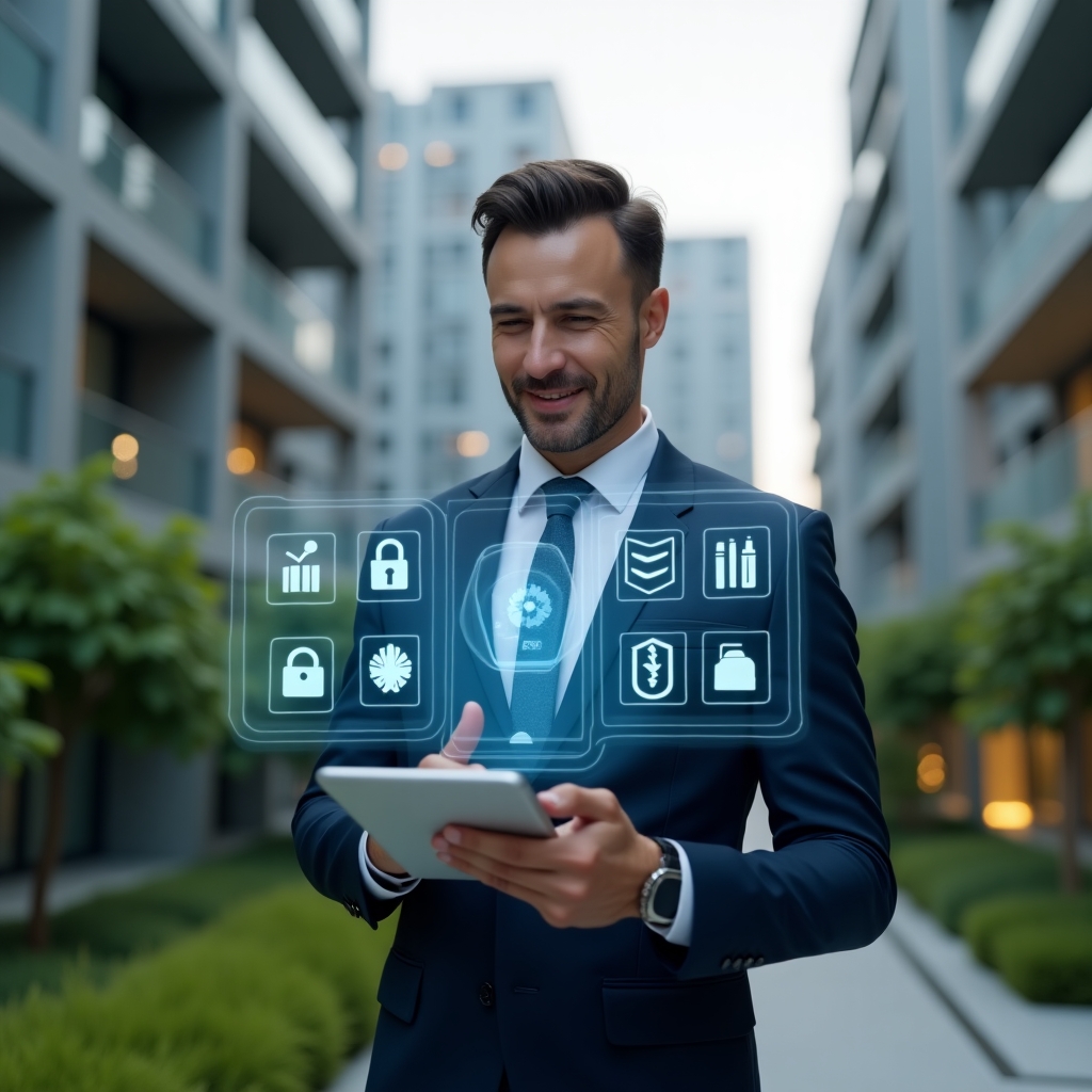 Ultra-realistic condominium manager in a sleek navy suit, set in a modern luxury condominium environment with high-rise buildings and lush green landscaping, mid-shot of a confident professional holding a tablet that projects a holographic building automation interface with icons for security locks, energy graphs, and climate control, cinematic lighting, shallow depth of field, highly detailed textures, realistic skin, photographic realism, 8k resolution --ar 1:1 --v 6