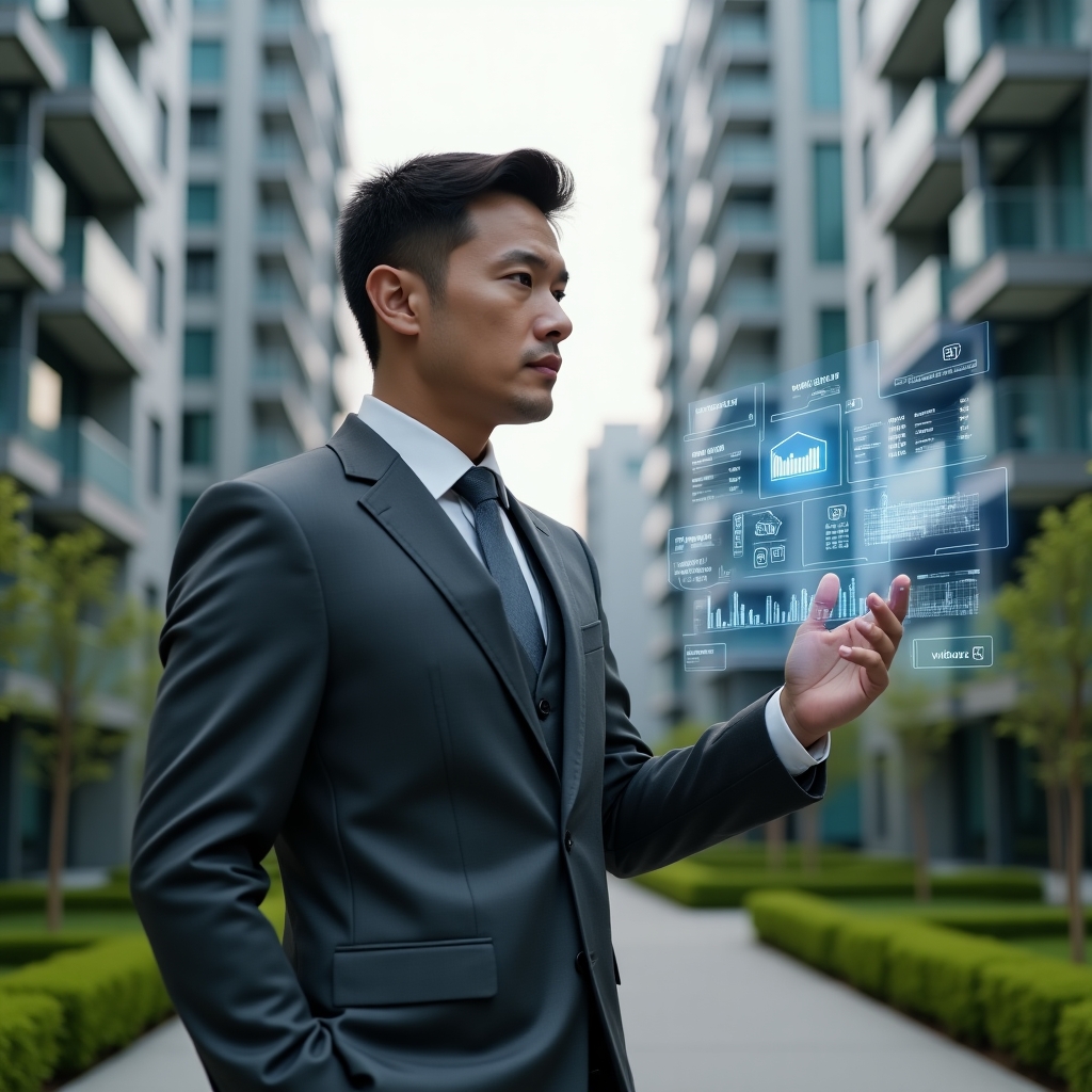 (Ultra-realistic condominium manager in a charcoal grey suit, set in a modern luxury condominium environment with high-rise buildings and manicured green landscaping, interacting with a holographic building automation dashboard showing energy metrics and security icons, confident and visionary expression, cinematic lighting, shallow depth of field, highly detailed textures, realistic skin, photographic realism, 8k resolution --ar 1:1 --v 6)