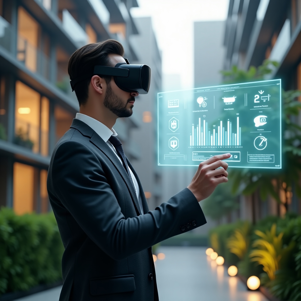 Ultra-realistic condominium manager in a tailored dark gray suit, set in a modern luxury condominium environment with high-rise buildings and lush green landscaping, medium shot of a confident professional interacting with a floating holographic dashboard displaying energy consumption graphs, security camera feeds, and comfort control icons, cinematic lighting, shallow depth of field, highly detailed textures, realistic skin, photographic realism, 8k resolution --ar 1:1 --v 6