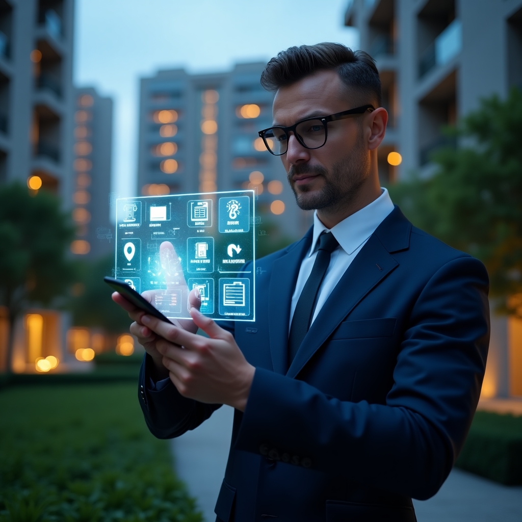 (Ultra-realistic condominium manager in a dark blue executive suit, set in a modern luxury condominium environment with high-rise buildings and lush green landscaping, medium shot focusing on the professional tapping a smartphone that projects a glowing holographic dashboard of building automation controls and app icons for security, energy efficiency, and cost savings, confident and visionary expression, futuristic holographic elements floating around, cinematic lighting, shallow depth of field, highly detailed textures, realistic skin, photographic realism, 8k resolution --ar 1:1 --v 6)