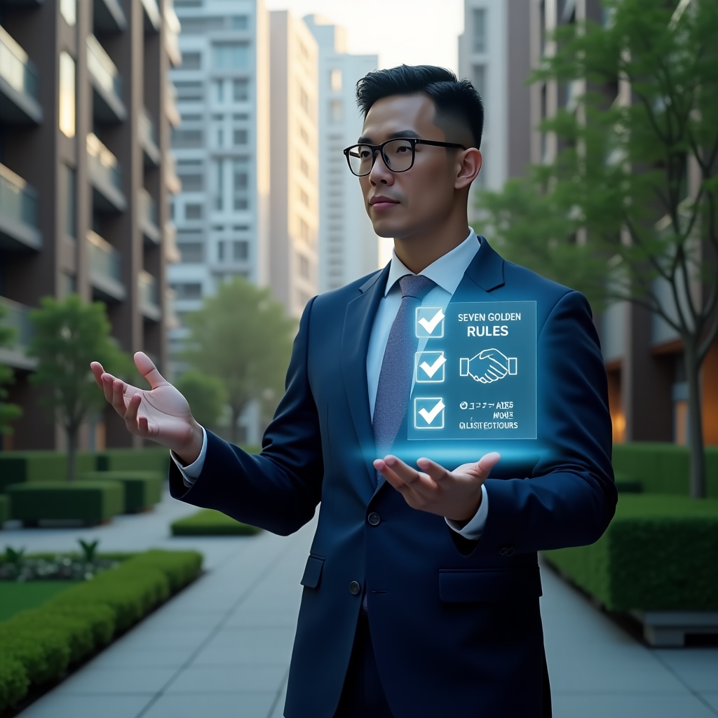 (Ultra-realistic condominium manager in a dark blue tailored suit, set in a modern luxury condominium environment with high-rise buildings and lush green landscaping, holding a holographic checklist of seven golden rules for harmony, open-palm gesture inviting cooperation, floating holographic handshake and quiet-hours icons, cinematic lighting, shallow depth of field, highly detailed textures, realistic skin, photographic realism, 8k resolution --ar 1:1 --v 6)