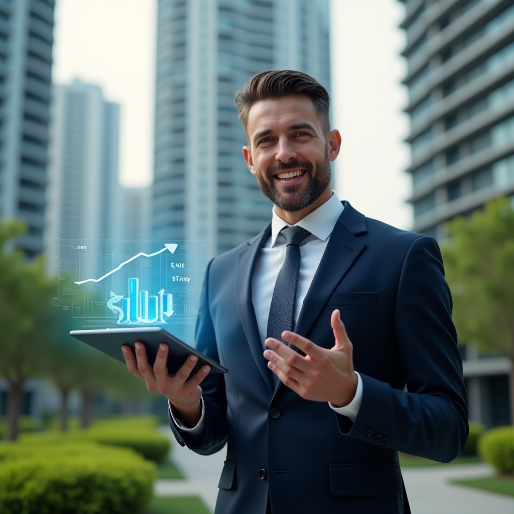 Ultra-realistic condominium manager in a tailored navy blue suit, set in a modern luxury condominium environment with high-rise buildings and lush green landscaping, holding a tablet displaying cost-saving charts while gesturing confidently, with floating holographic piggy bank and downward-trending arrow icons symbolizing budget optimization, cinematic lighting, shallow depth of field, highly detailed textures, realistic skin, photographic realism, 8k resolution --ar 1:1 --v 6