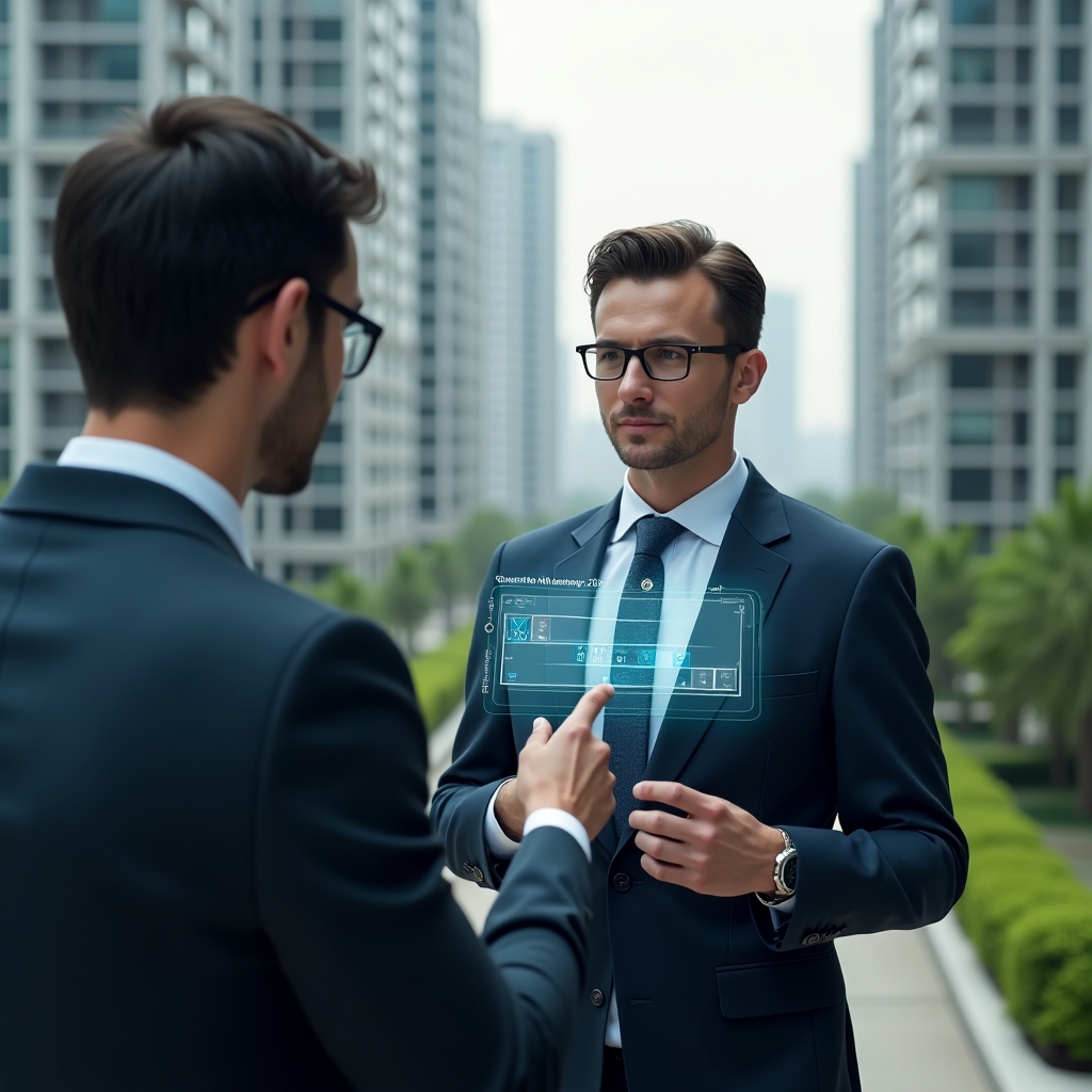 Ultra-realistic condominium manager in a navy blue business suit, set in a modern luxury condominium environment with high-rise buildings and well-maintained green landscaping, reviewing a holographic digital schedule with floating calendar icons and checkmarks, pointing at a virtual timeline interface, confident and focused expression, cinematic lighting, shallow depth of field, highly detailed textures, realistic skin, photographic realism, 8k resolution --ar 1:1 --v 6