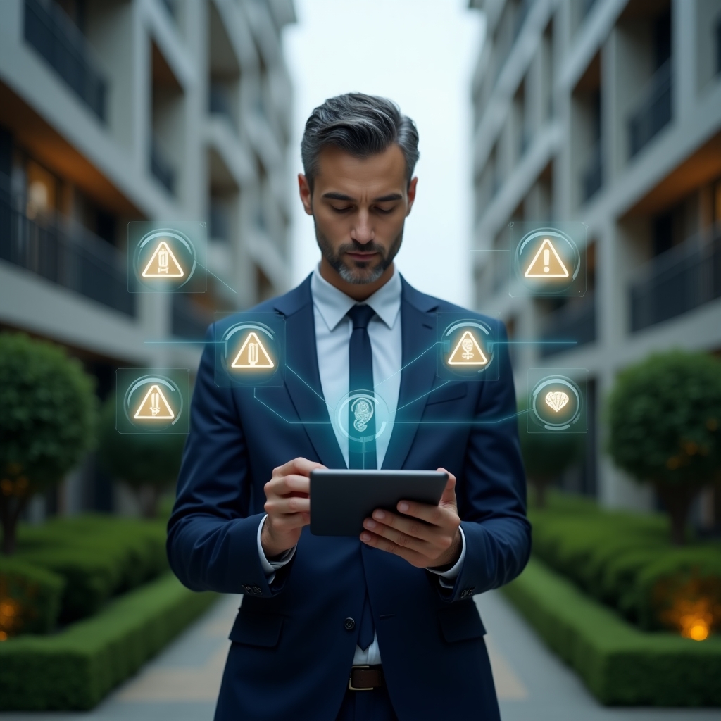 (Ultra-realistic condominium manager in a tailored navy-blue suit, set in a modern luxury condominium environment with high-rise buildings and manicured green gardens, mid-shot of the professional holding a digital tablet while five semi-transparent holographic warning icons float above—each symbolizing a common management error, cinematic lighting, shallow depth of field, highly detailed textures, realistic skin, photographic realism, 8k resolution --ar 1:1 --v 6)