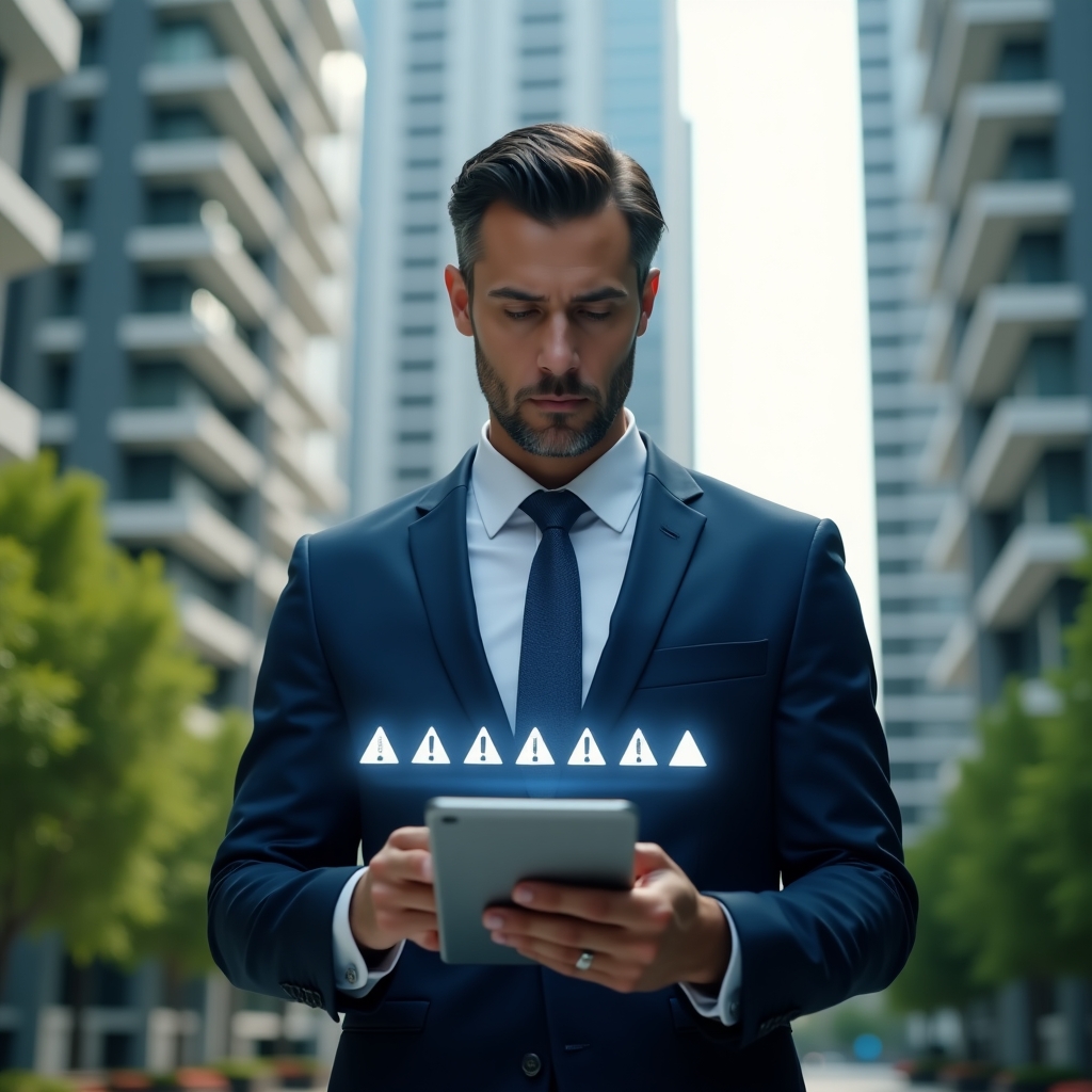 (Ultra-realistic condominium manager in a tailored navy blue suit, set in a modern luxury condominium environment with high-rise buildings and lush green landscaping, holding a digital tablet as holographic warning icons representing five critical errors float around, serious and focused expression, cinematic lighting, shallow depth of field, highly detailed textures, realistic skin, photographic realism, 8k resolution --ar 1:1 --v 6)