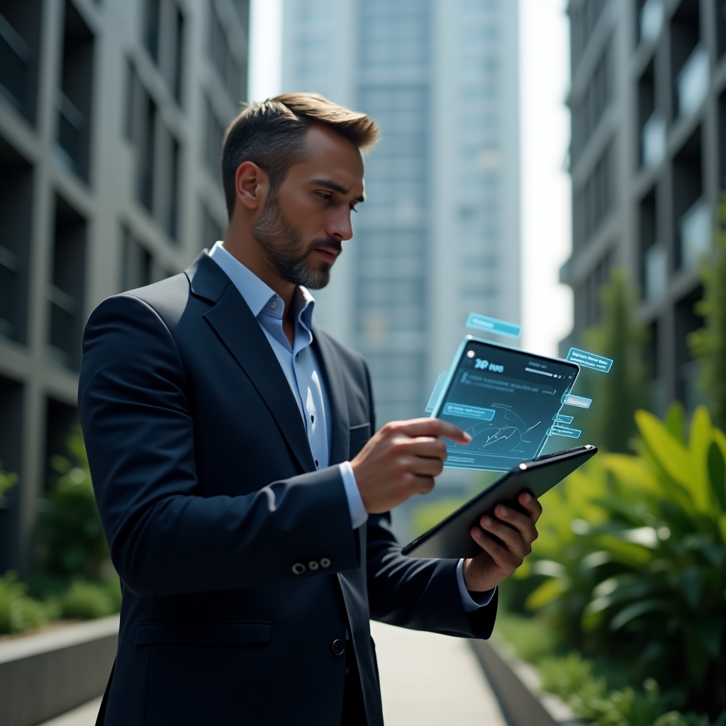 (Ultra-realistic condominium manager in a dark navy suit, set in a modern luxury condominium environment with high-rise buildings and lush green landscaping, holding a tablet displaying a holographic management dashboard and chat notifications, analyzing data with a focused, confident expression, cinematic lighting, shallow depth of field, highly detailed textures, realistic skin, photographic realism, 8k resolution --ar 1:1 --v 6)