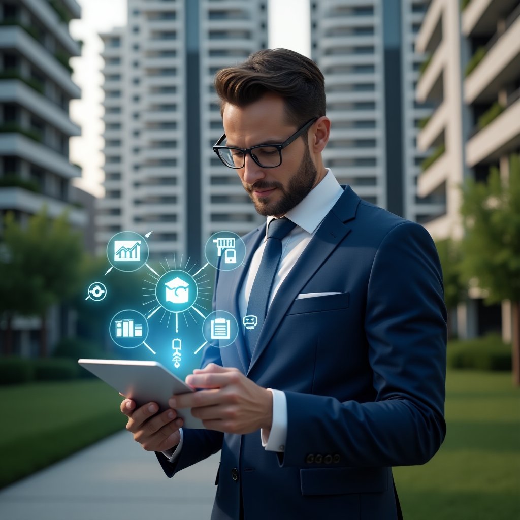 (Ultra-realistic condominium manager in a navy-blue suit, set in a modern luxury condominium environment with high-rise buildings and manicured green landscaping, confidently examining a floating holographic management app interface on a tablet, glowing icons of chat bubbles, financial graphs and maintenance tools hovering around, cinematic lighting, shallow depth of field, highly detailed textures, realistic skin, photographic realism, 8k resolution --ar 1:1 --v 6)