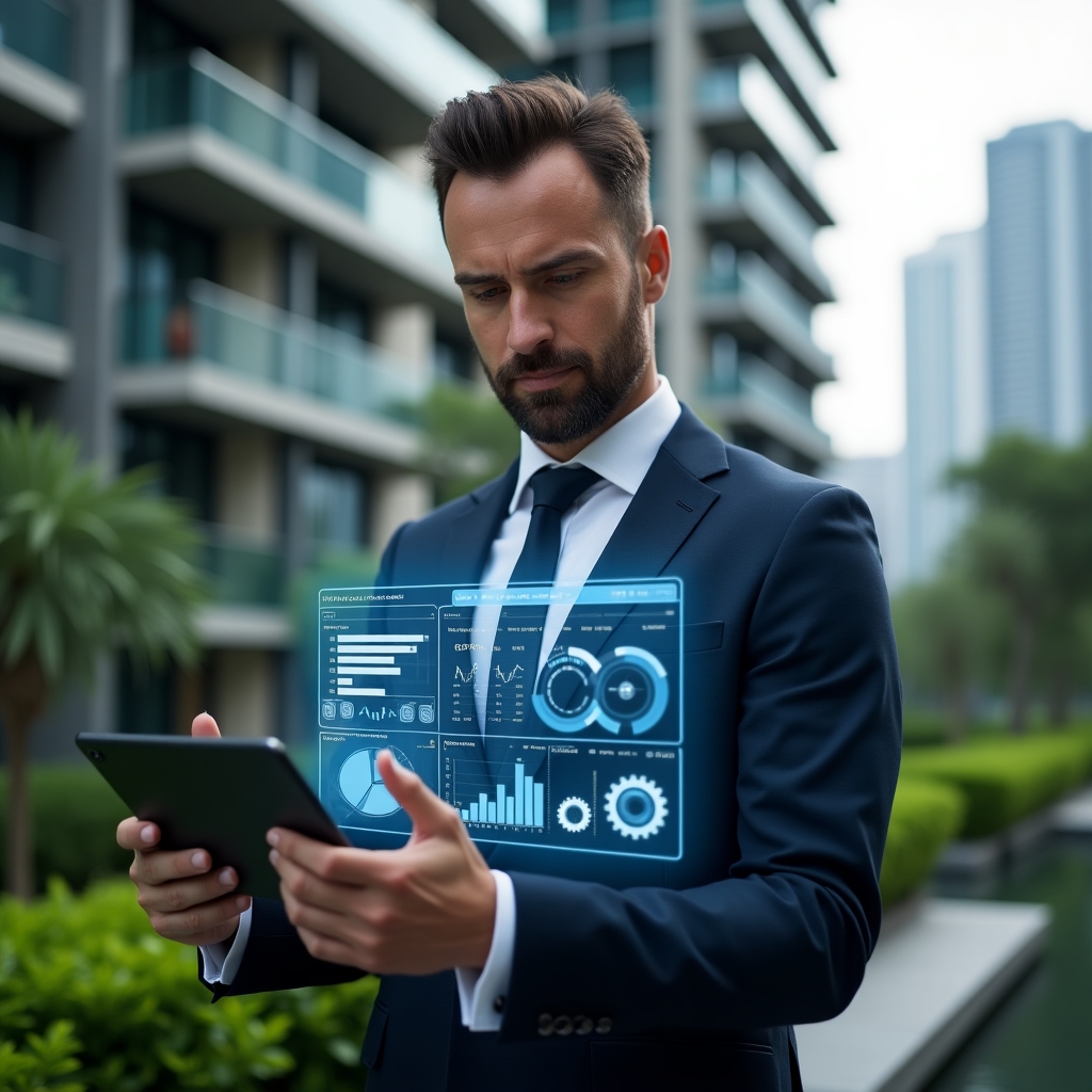 (Ultra-realistic condominium manager in a navy tailored suit, set in a modern luxury condominium environment with high-rise buildings and lush green landscaping, close-up view as he reviews a holographic management dashboard projected from a tablet—floating icons of charts, notifications and gears symbolizing efficiency—confident and thoughtful expression, cinematic lighting, shallow depth of field, highly detailed textures, realistic skin, photographic realism, 8k resolution --ar 1:1 --v 6)