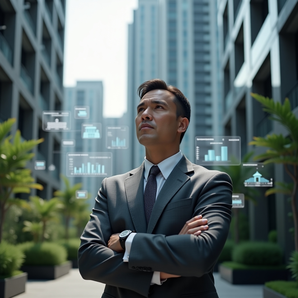 (Ultra-realistic condominium manager in a charcoal gray suit, set in a modern luxury condominium environment with high-rise buildings and lush green landscaping, mid shot of a professional analyzing floating holographic dashboards and building icons symbolizing system alerts and updates, confident and thoughtful expression, cinematic lighting, shallow depth of field, highly detailed textures, realistic skin, photographic realism, 8k resolution --ar 1:1 --v 6)