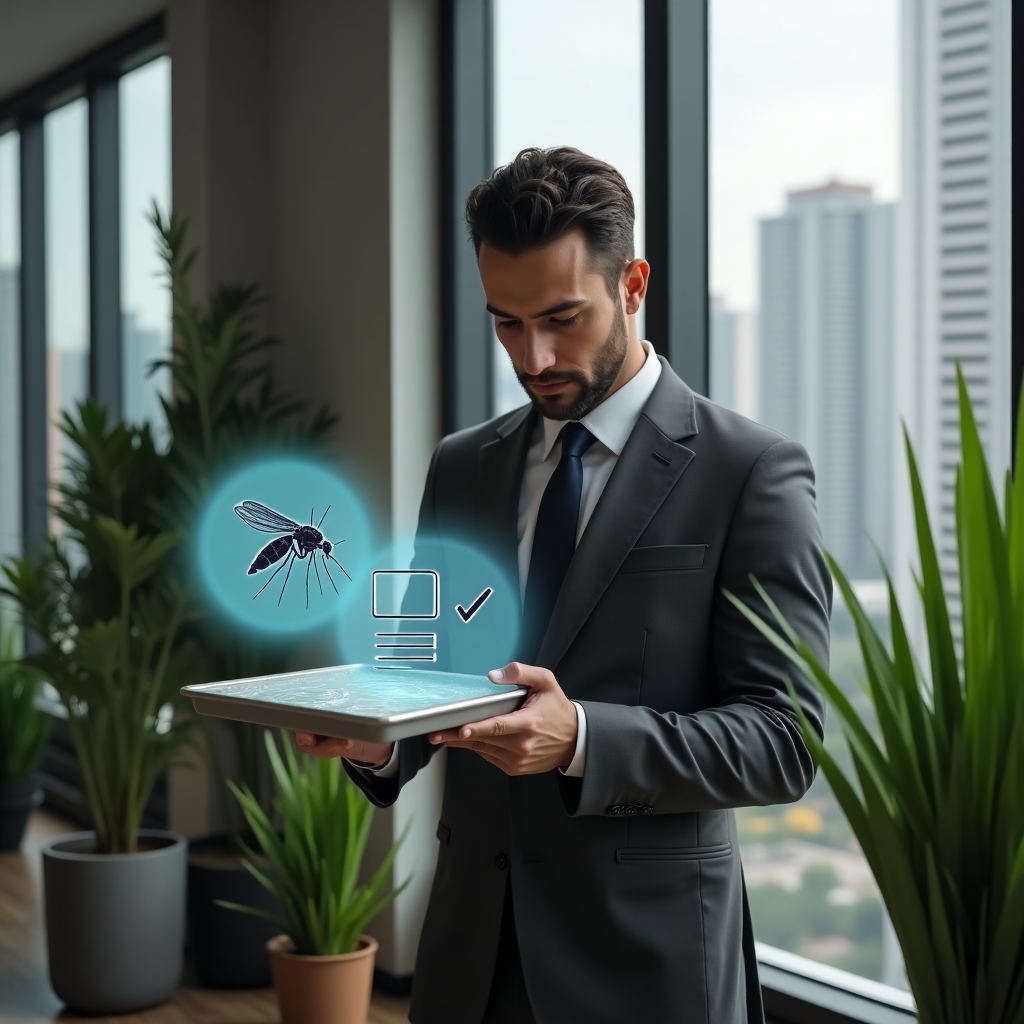 (Ultra-realistic condominium manager in a charcoal grey suit, set in a modern luxury condominium environment with high-rise buildings and green landscaping, inspecting a potted plant’s water tray with a digital holographic mosquito icon overlaid alongside a floating digital checklist, focused and determined expression, cinematic lighting, shallow depth of field, highly detailed textures, realistic skin, photographic realism, 8k resolution --ar 1:1 --v 6)