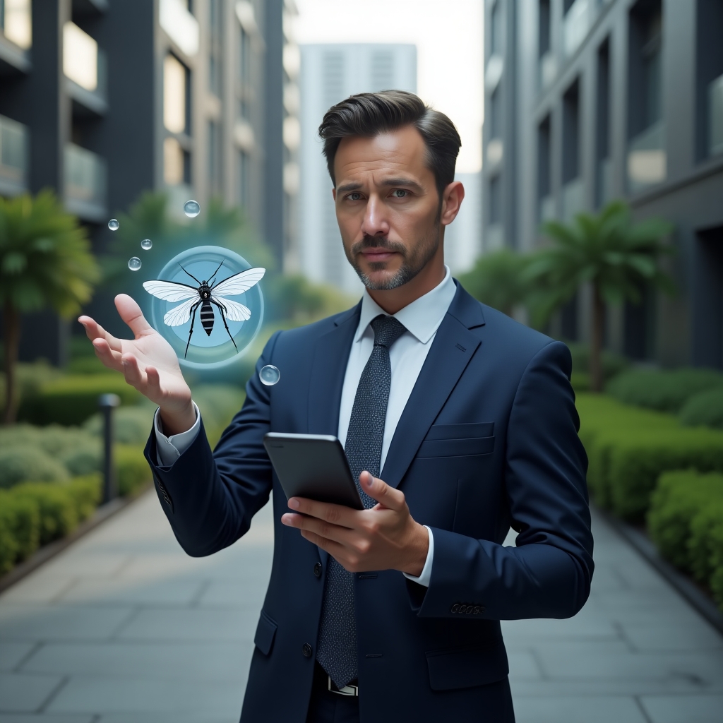 Ultra-realistic condominium manager in a tailored navy suit, set in a modern luxury condominium environment with high-rise buildings and green landscaping, holding a smartphone displaying a digital condo app, pointing at a holographic Aedes aegypti mosquito icon above water droplets, conveying a serious and proactive expression, cinematic lighting, shallow depth of field, highly detailed textures, realistic skin, photographic realism, 8k resolution --ar 1:1 --v 6