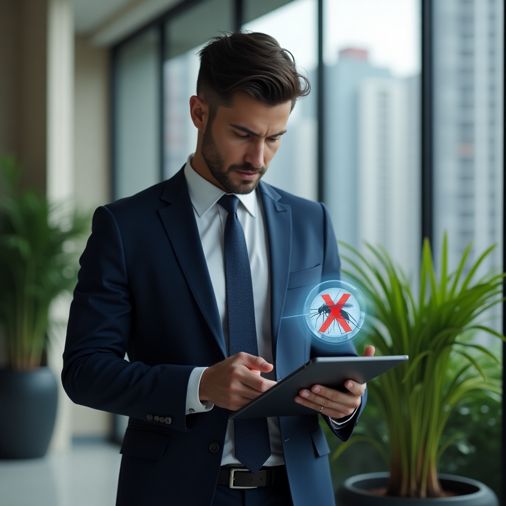 (Ultra-realistic condominium manager in a navy blue suit, set in a modern luxury condominium environment with high-rise buildings and green landscaping, inspecting a potted plant while holding a digital tablet displaying a holographic mosquito larvae icon with a red cross, confident and focused expression, cinematic lighting, shallow depth of field, highly detailed textures, realistic skin, photographic realism, 8k resolution --ar 1:1 --v 6)