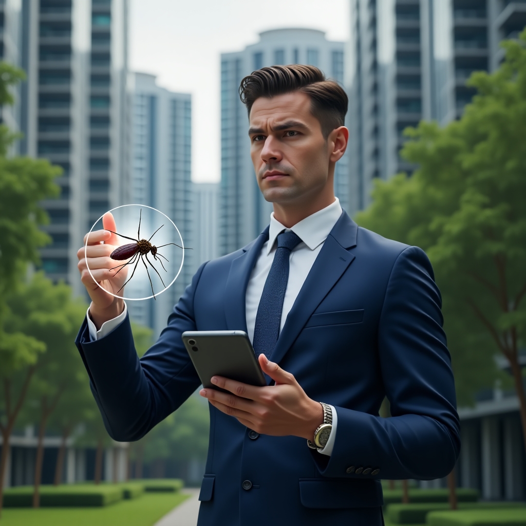(Ultra-realistic condominium manager in a navy blue suit, set in a modern luxury condominium environment with high-rise buildings and lush green landscaping, holding a smartphone displaying a dengue prevention app, pointing at a holographic Aedes aegypti mosquito icon, conveying determination and focus, cinematic lighting, shallow depth of field, highly detailed textures, realistic skin, photographic realism, 8k resolution --ar 1:1 --v 6)