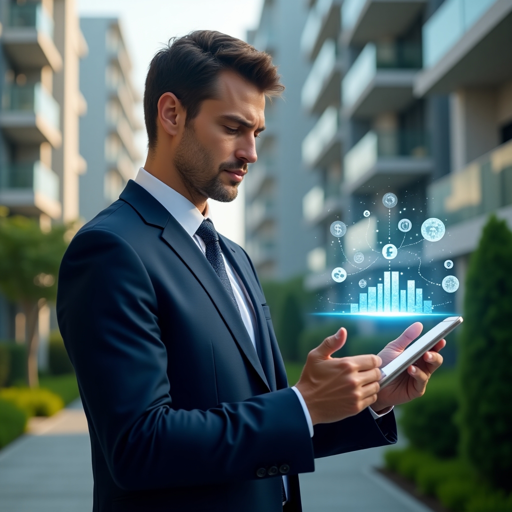 Ultra-realistic image of a condominium manager in a tailored navy suit, set in a modern luxury condominium environment with high-rise buildings and lush green landscaping, reviewing digital payment reports on a holographic interface, confident expression, floating icons of coins and check marks symbolizing debt recovery, cinematic lighting, shallow depth of field, highly detailed textures, realistic skin, photographic realism, 8k resolution --ar 1:1 --v 6