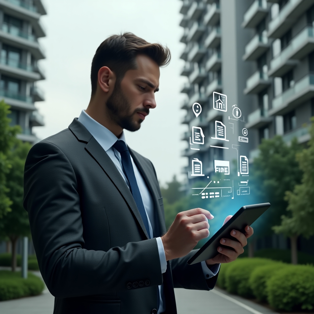 (Ultra-realistic property manager in a charcoal gray executive suit, set in a modern luxury condominium environment with high-rise buildings and lush green landscaping, confidently reviewing holographic digital documents projected from a tablet, floating icons of folders and PDF files around them, cinematic lighting, shallow depth of field, highly detailed textures, realistic skin, photographic realism, 8k resolution --ar 1:1 --v 6)