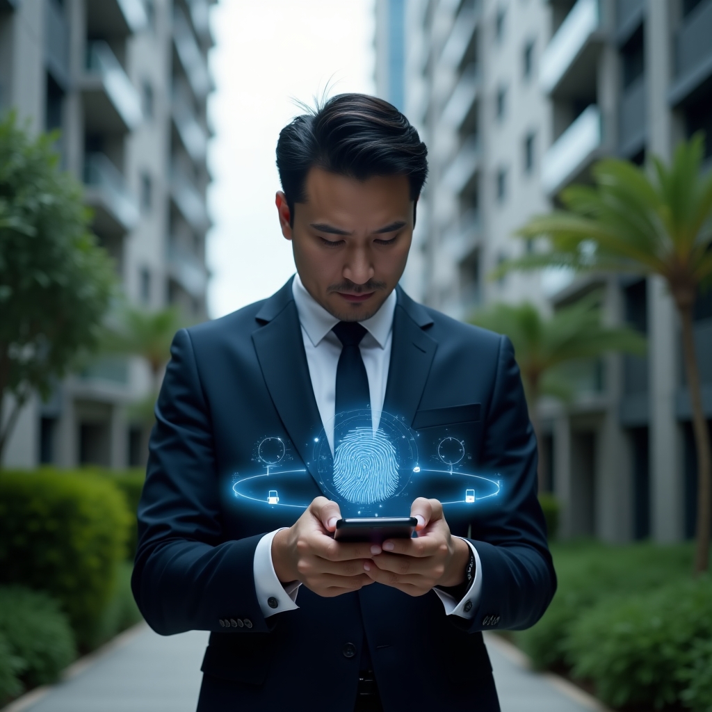 (Ultra-realistic condominium manager in a dark navy tailored suit, set in a modern luxury condominium environment with high-rise buildings and lush green landscaping, medium shot with shallow depth of field, the manager holding a smartphone projecting a holographic biometric fingerprint and facial recognition interface surrounded by glowing IoT network lines and security icons, expression confident and focused, cinematic lighting, highly detailed textures, realistic skin, photographic realism, 8k resolution --ar 1:1 --v 6)