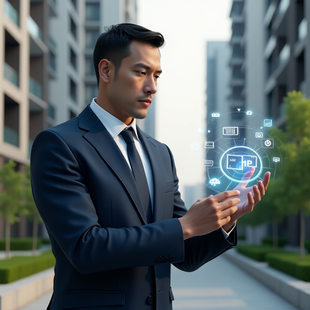 (Ultra-realistic condominium manager in a sleek navy suit, set in a modern luxury condominium environment with high-rise buildings and green landscaping, interacting with a holographic automation interface displaying security camera, energy analytics and IoT sensor icons, confident and focused expression, cinematic lighting, shallow depth of field, highly detailed textures, realistic skin, photographic realism, 8k resolution --ar 1:1 --v 6)