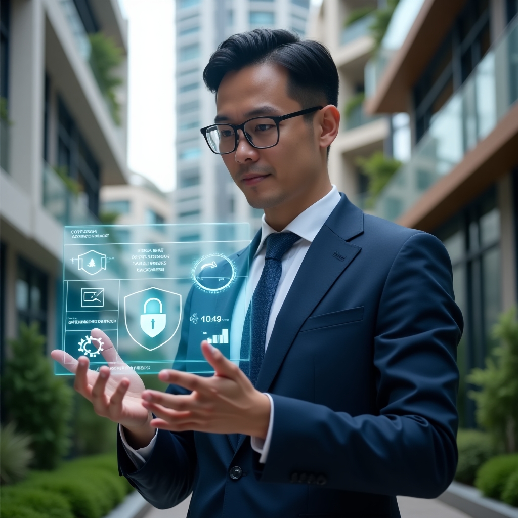 Ultra-realistic condominium manager in a tailored navy business suit, set in a modern luxury condominium environment with high-rise buildings and meticulously landscaped greenery, interacting with a translucent holographic interface displaying building automation controls and data dashboards, with floating icons of a security shield, gear, and upward arrow symbolizing enhanced property value, focused and confident expression, cinematic lighting, shallow depth of field, highly detailed textures, realistic skin, photographic realism, 8k resolution --ar 1:1 --v 6