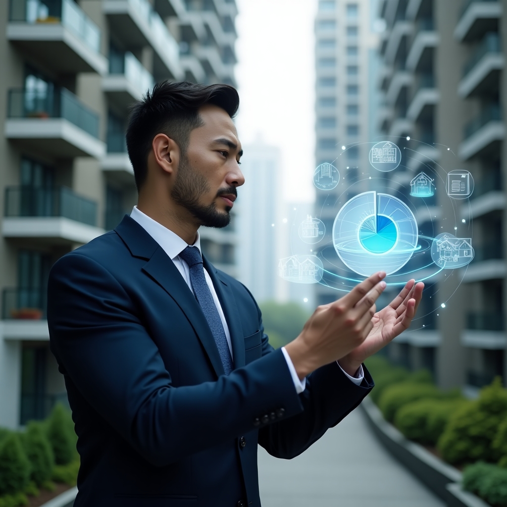 Ultra-realistic condominium manager in a navy blue suit, set in a modern luxury condominium environment with high-rise buildings and green landscaping, medium shot of a professional analyzing a floating holographic pie chart representing expense allocation, with holographic icons of apartment units and financial documents swirling around, confident and analytical expression, cinematic lighting, shallow depth of field, highly detailed textures, realistic skin, photographic realism, 8k resolution --ar 1:1 --v 6